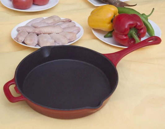 Enamel cast iron fry pan with help handle