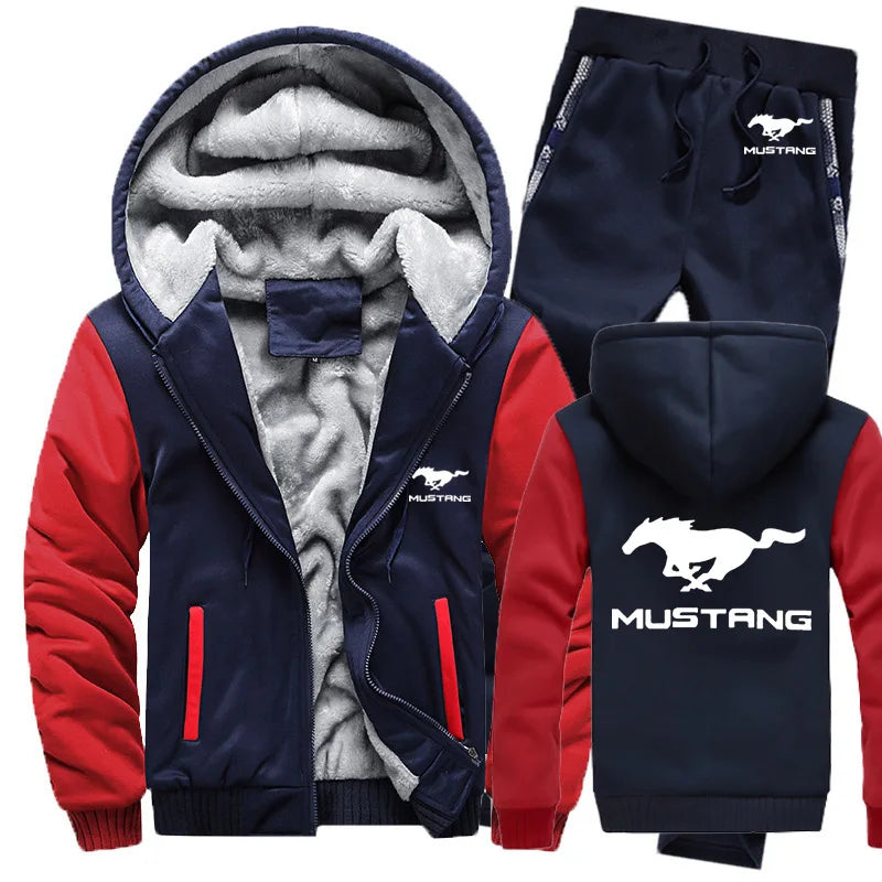 Hoodies Men Mustang Car Logo Mens Hoodies Suit Winter Thicken Warm Fleece cotton Zipper Tracksuit Mens Jacket+Pants  Sets