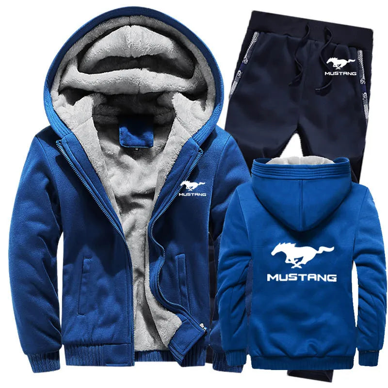 Hoodies Men Mustang Car Logo Mens Hoodies Suit Winter Thicken Warm Fleece cotton Zipper Tracksuit Mens Jacket+Pants  Sets