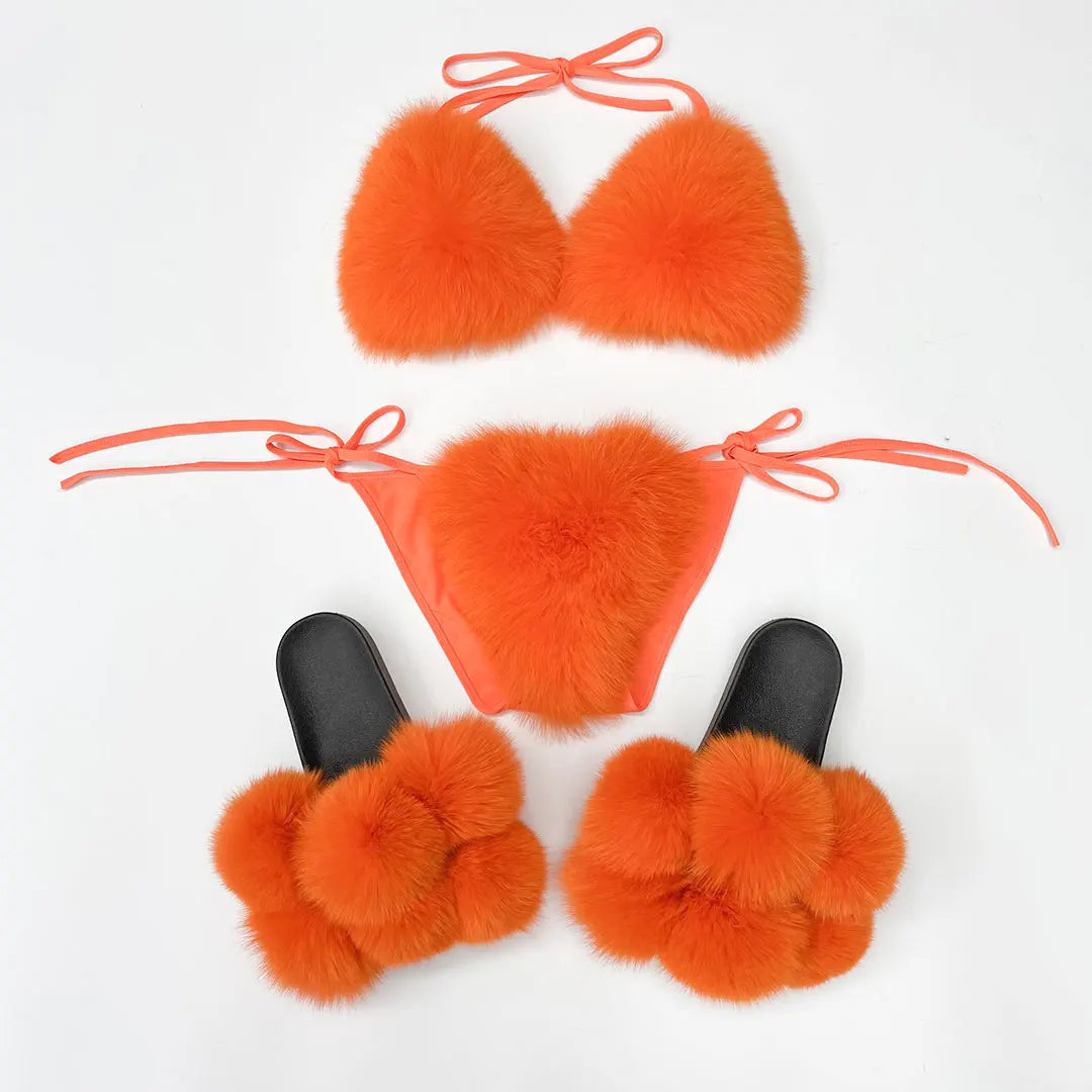 Janefur New Fashion Fancy Fur Bikini Set Luxury Furry Bra And  Fox Slides Slippers For Women