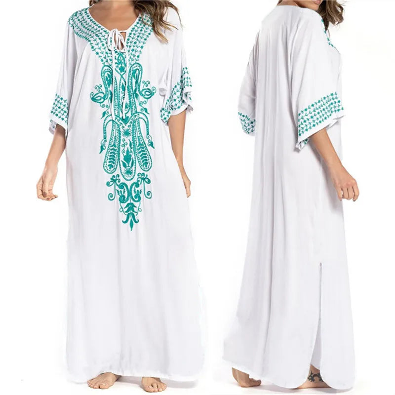 Embroidered Short Sleeve Summer Dress Cotton  Women Beachwear Swimsuit Cover Up