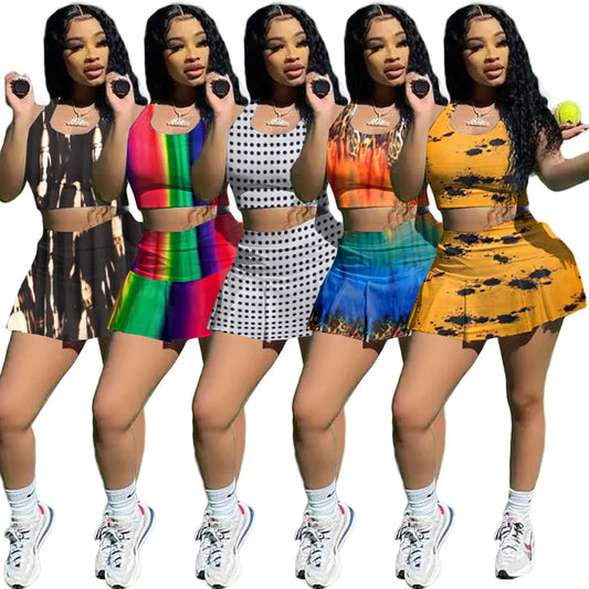 Summer Active Print Women Two 2 Piece Set Outfits Tank Crop Tops and Mini Skirts Matching Set Tracksuits