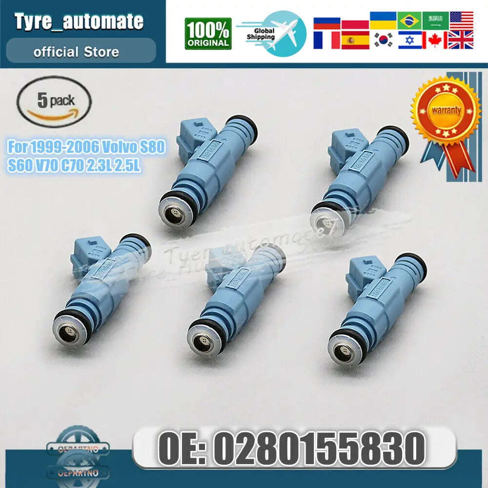 New Set of 5 0280155830 Fuel Injectors For 1999-2006 Volvo S80 S60 V70 C70 2.3L 2.5L