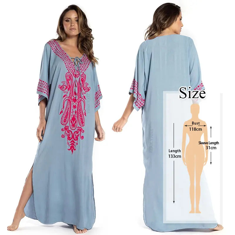 Embroidered Short Sleeve Summer Dress Cotton  Women Beachwear Swimsuit Cover Up