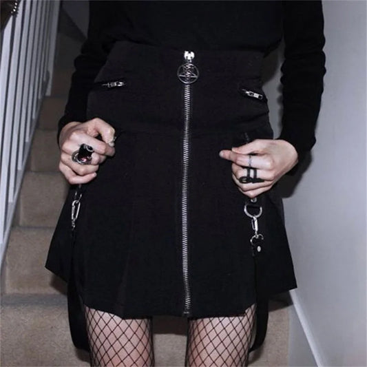 Summer High Waist Chains Belted Plaid Skirt Punk Female Irregular Pleated Goth Skirts 2019 Women Fashion Asymmetrical Skirts