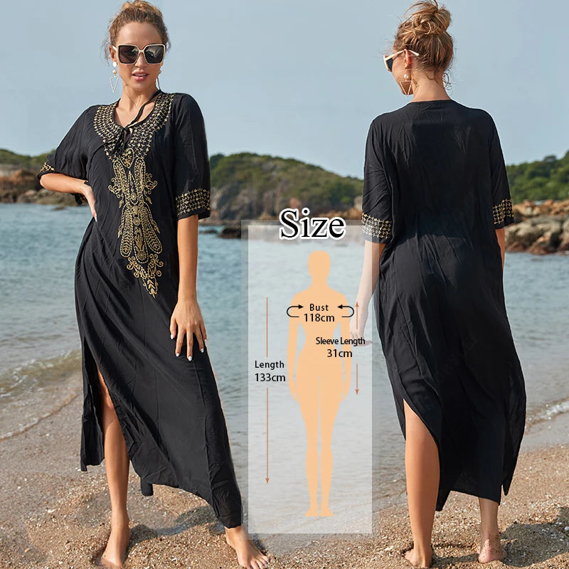 Embroidered Short Sleeve Summer Dress Cotton  Women Beachwear Swimsuit Cover Up