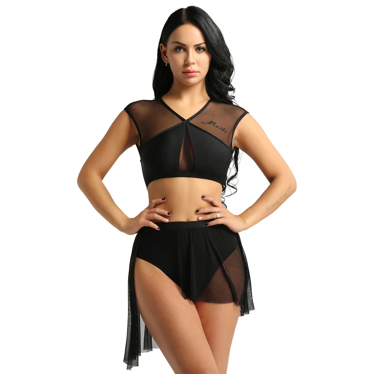 New Summer 2 Pieces Outfits Women Asymmetric Contemporary Ballet Dance Outfits Sleeveless Criss Cross Crop Tops with Short Skirt