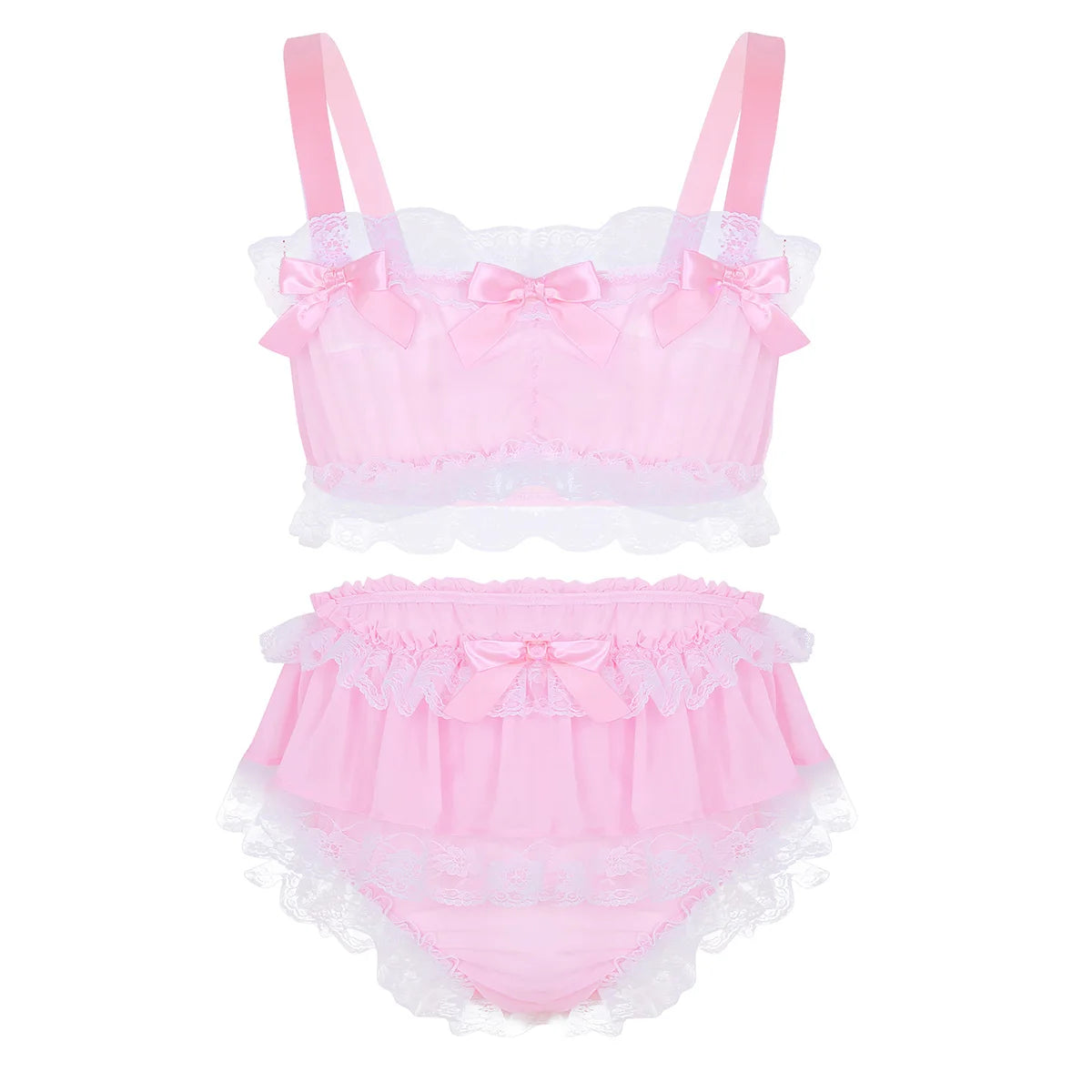 Men's Kawaii Sissy Lingerie Set Ruffled Lace Chiffon Crop Top Skirted Petticoated Panties Crossdress Costume Gay Pajamas Outfit