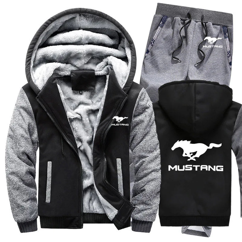 Hoodies Men Mustang Car Logo Mens Hoodies Suit Winter Thicken Warm Fleece cotton Zipper Tracksuit Mens Jacket+Pants  Sets