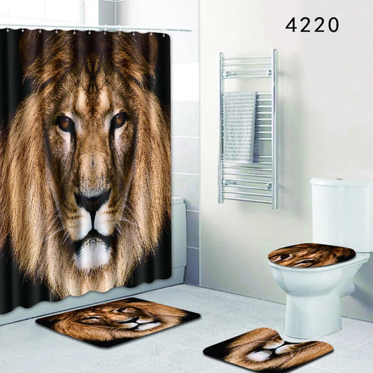 HomeMiYN Bath Mat Black Bathroom Decor Lion Anti Slip Bath Mat Rug Floor Pads Waterproof 12 Hooks Shower Curtain 4 Pieces