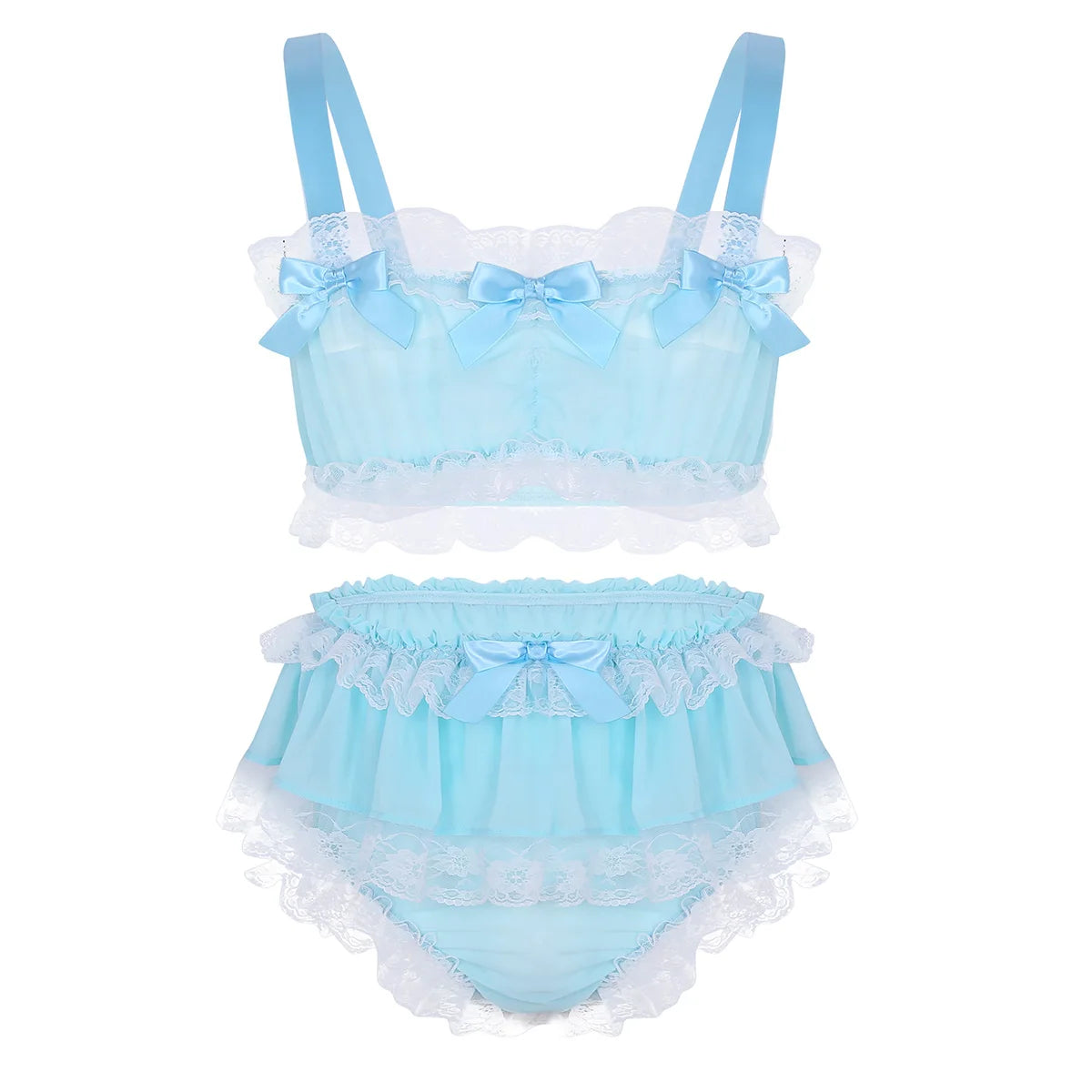 Mens Lingerie Set Sissy Satin Bra +Panties Frilly Bowknot Ruffled Lace Sleepwear Nightdress Gay Male Crossdress Underwear Set