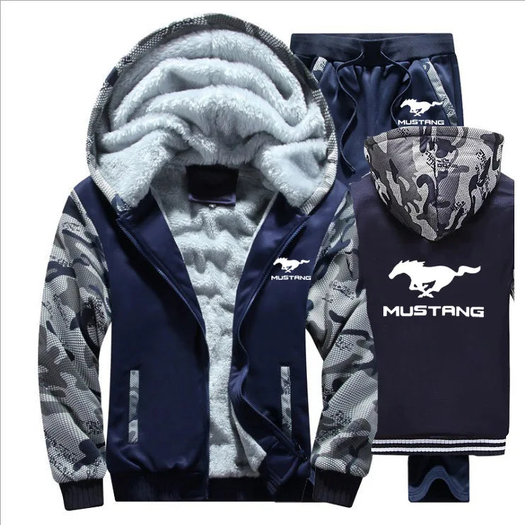 Hoodies Men Mustang Car Logo Mens Hoodies Suit Winter Thicken Warm Fleece cotton Zipper Tracksuit Mens Jacket+Pants  Sets