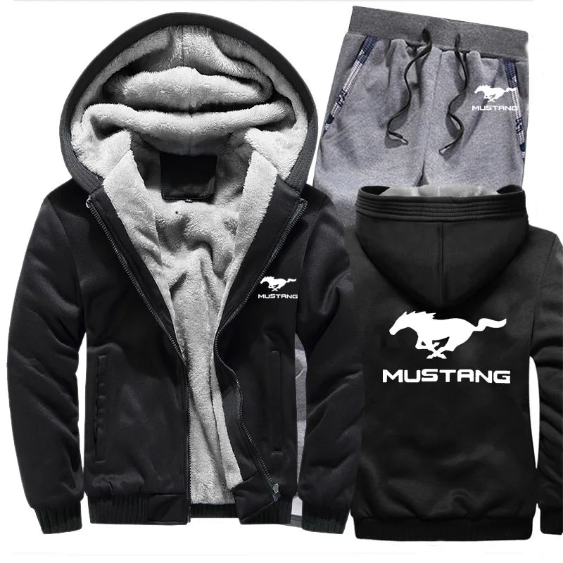 Hoodies Men Mustang Car Logo Mens Hoodies Suit Winter Thicken Warm Fleece cotton Zipper Tracksuit Mens Jacket+Pants  Sets