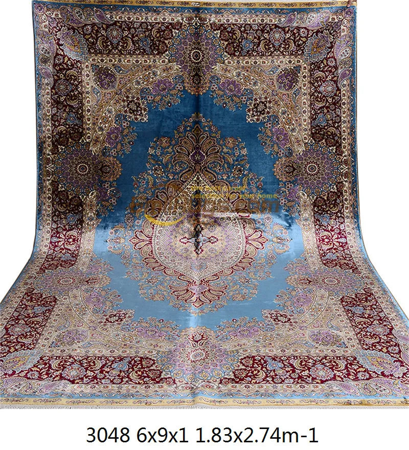 Large Blue Natural Silk Hand Knotted Estate Floor Carpet Persian Area Rug