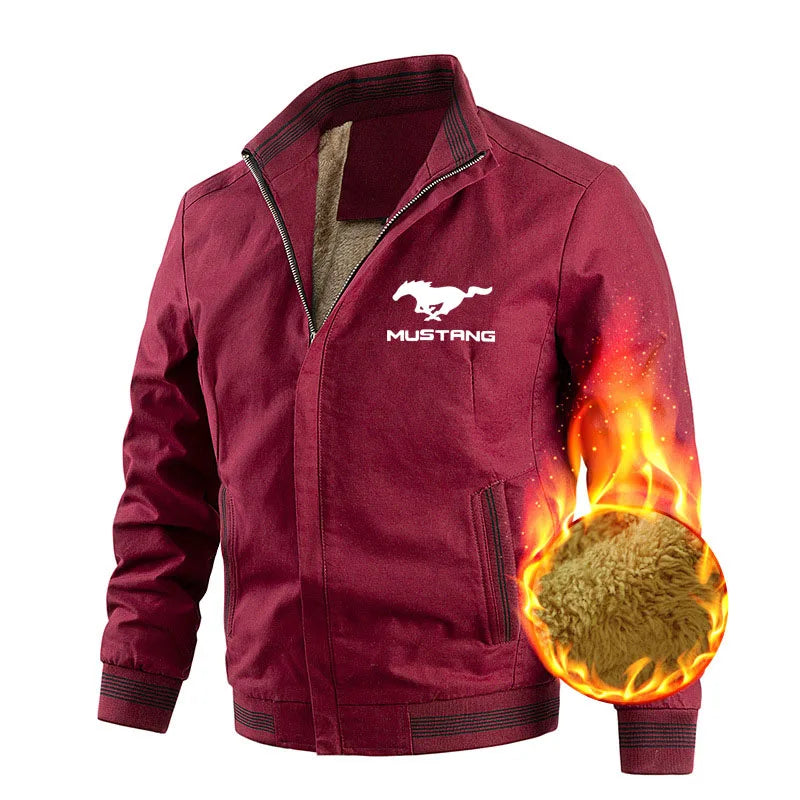 men's zipper jacket Mustang car logo print Wool fleece men's windbreaker jacket fashion men's clothing coat