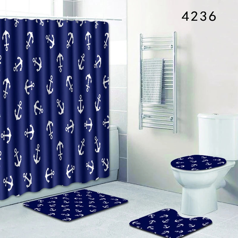 HomeMiYN New Bath Mat 4pcs Bathroom Footpad Blue Shower Curtain Waterproof With 12 Hooks White Anchor Bath Mats Rugs Anti Slip