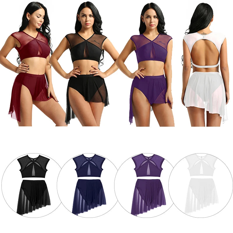 New Summer 2 Pieces Outfits Women Asymmetric Contemporary Ballet Dance Outfits Sleeveless Criss Cross Crop Tops with Short Skirt