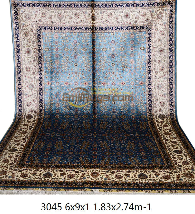 Large Blue Natural Silk Hand Knotted Estate Floor Carpet Persian Area Rug