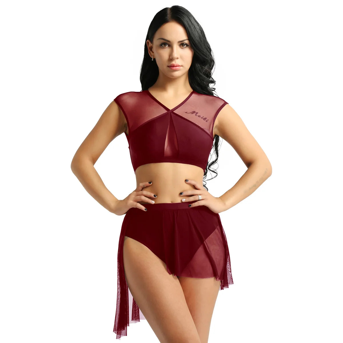 New Summer 2 Pieces Outfits Women Asymmetric Contemporary Ballet Dance Outfits Sleeveless Criss Cross Crop Tops with Short Skirt