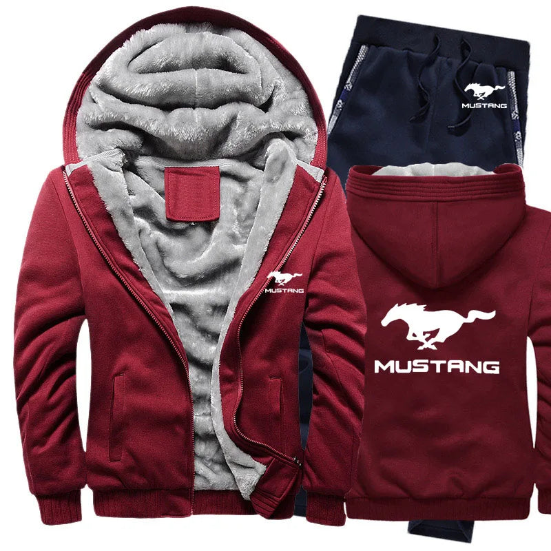 Hoodies Men Mustang Car Logo Mens Hoodies Suit Winter Thicken Warm Fleece cotton Zipper Tracksuit Mens Jacket+Pants  Sets