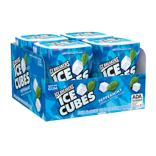, ICE CUBES, Peppermint Flavored Sugar Free Chewing Gum, Made with Xylitol, 40 Piece, Container, 4 Ct.
