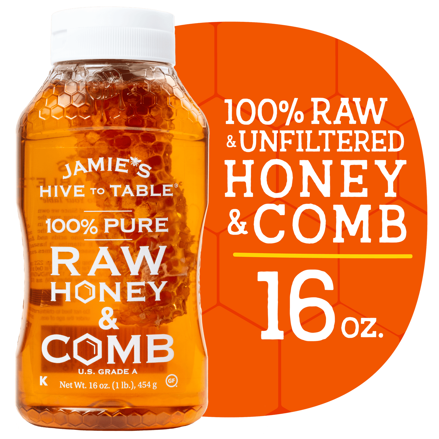 Jamies Hive to Table 100% Raw Honey & Comb, Premium, Pure Honey, 16 Oz Bottle