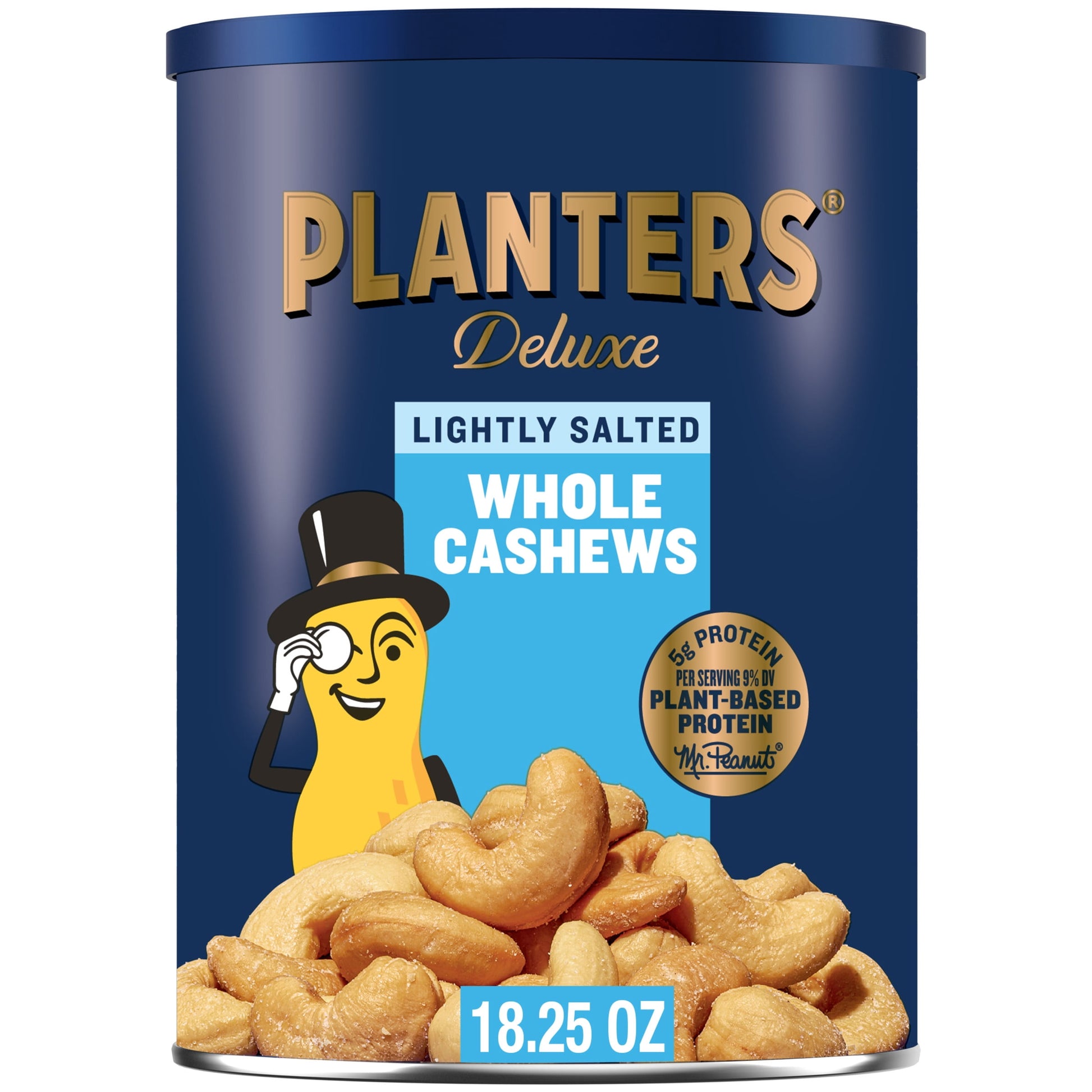 Deluxe Lightly Salted Whole Cashews, Party Snacks, Plant-Based Protein 18.25Oz (1 Canister)