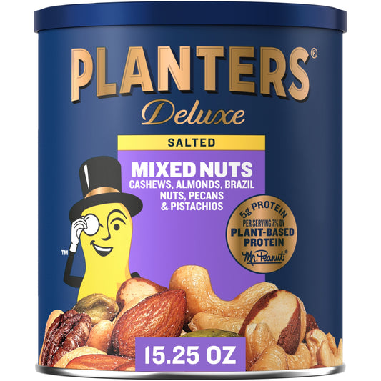 Deluxe Salted Mixed Nuts, Party Snacks, Plant-Based Protein 15.25Oz (1 Canister)