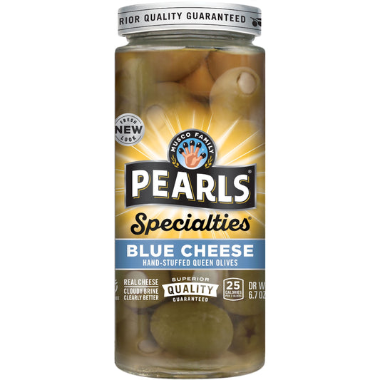 Specialties Blue Cheese Stuffed Greek Queen Olives 6.7 Oz. Jar. Major Allergens Not Contained. Contains Dairy.