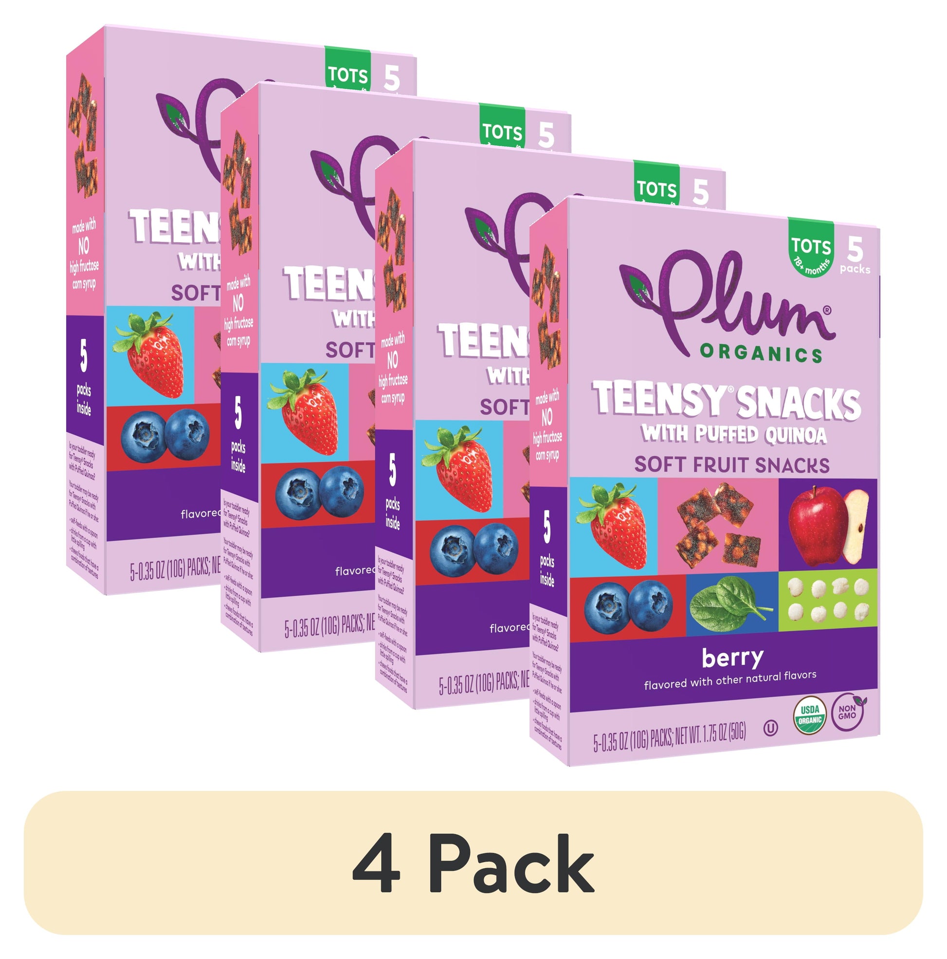 (4 Pack)  Teensy Snacks Soft Fruit Snacks, Berry with Puffed Quinoa, 0.35 Oz Bags, 5 Count