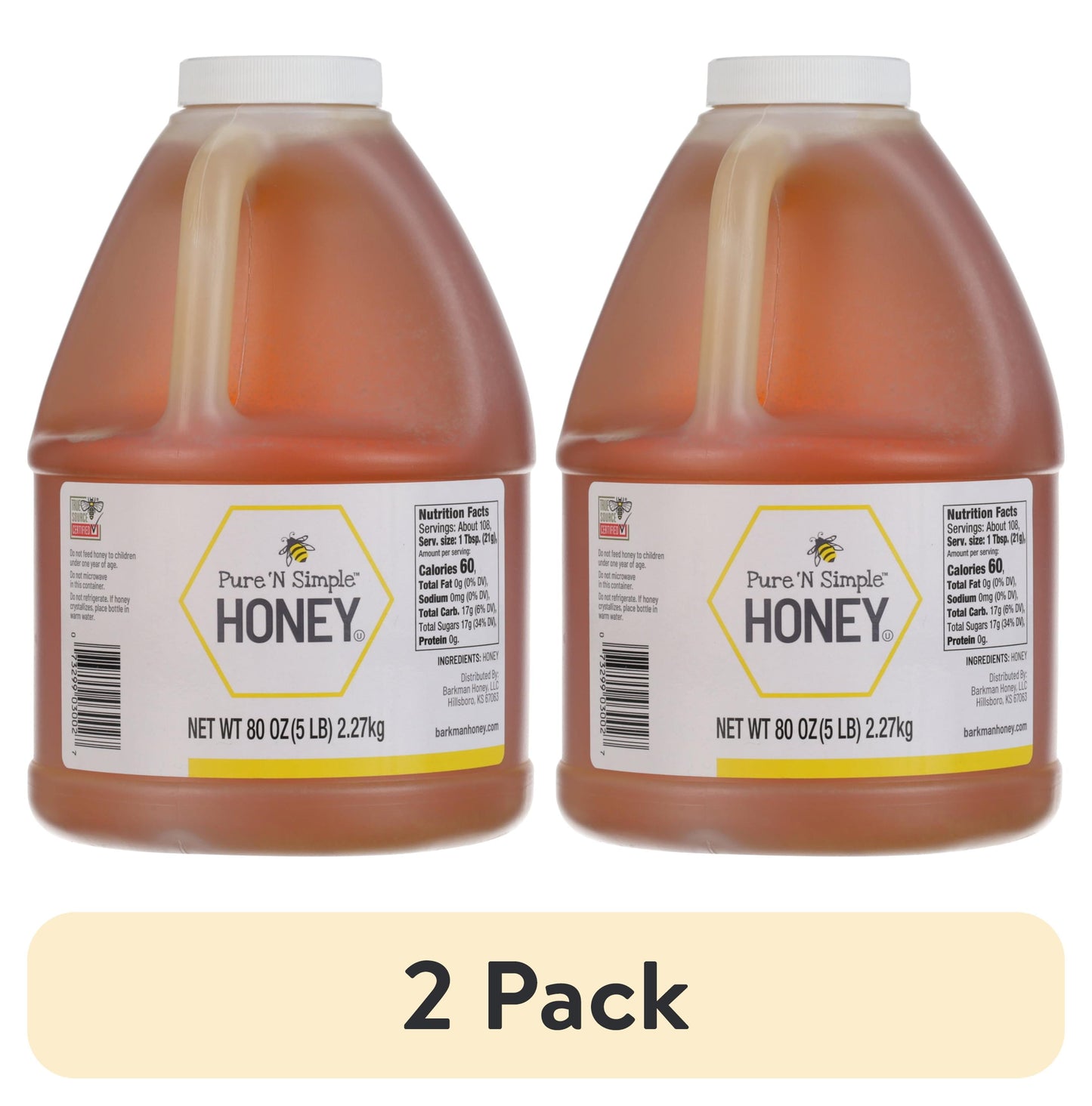 (2 Pack) Pure 'N Simple Honey, 100% Pure Honey, 80 Oz, Plastic Handle Jug, No Allergens