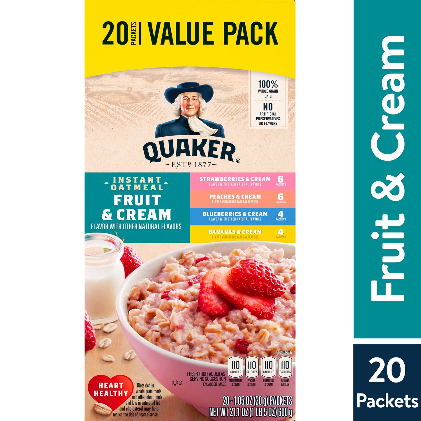 Instant Oatmeal, Fruit & Cream Variety Pack, Quick Cook Oatmeal, 1.1 Oz Packets, 20 Pack