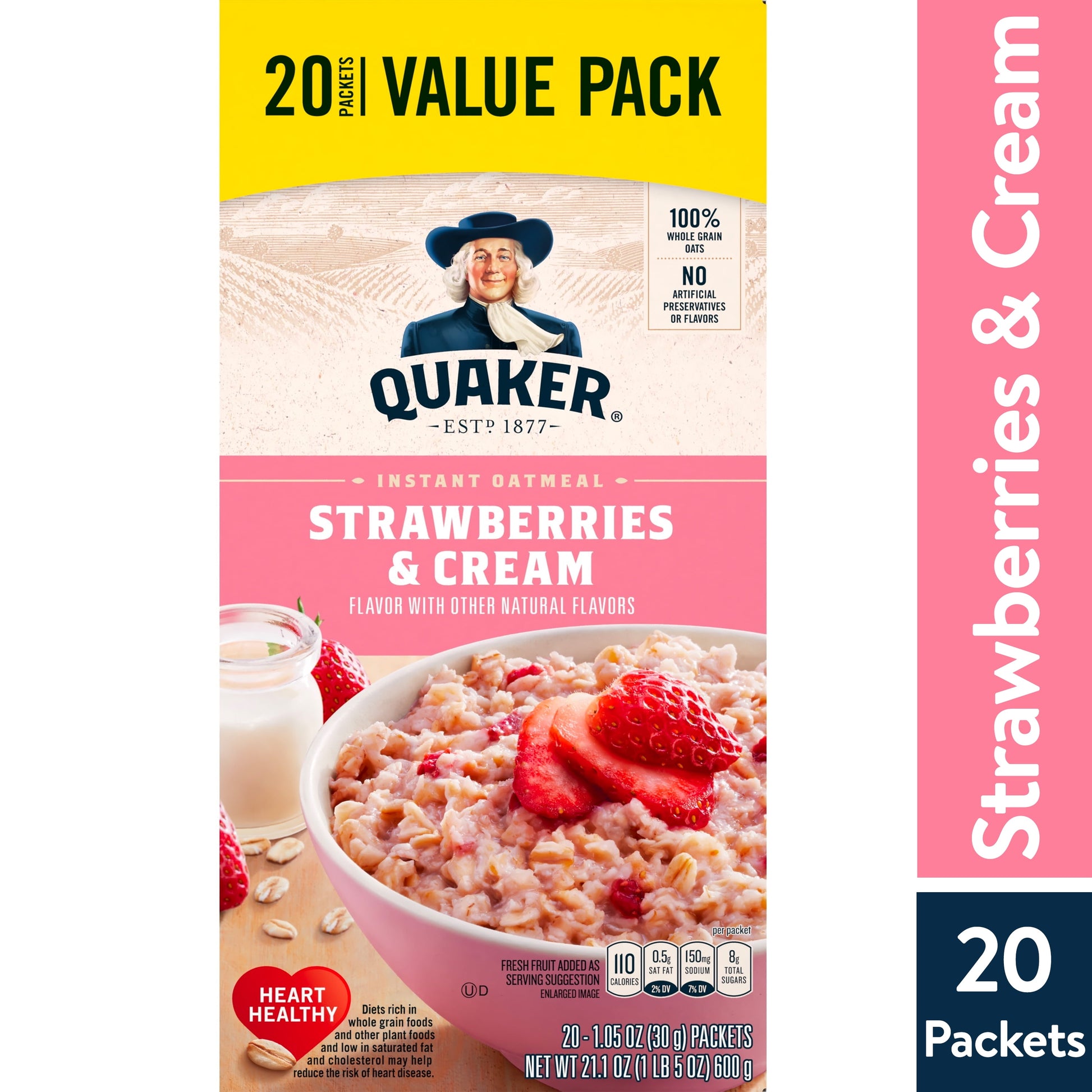 , Instant Oatmeal, Strawberry & Cream, Ready-To-Microwave Oatmeal, 1.1 Oz Packets, 20 Pack