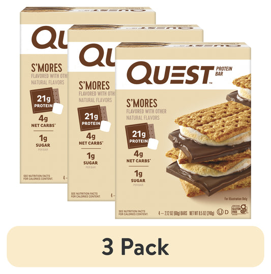 (3 Pack) Quest Protein Bar, Smores, 20G Protein, Gluten Free, 4 Ct