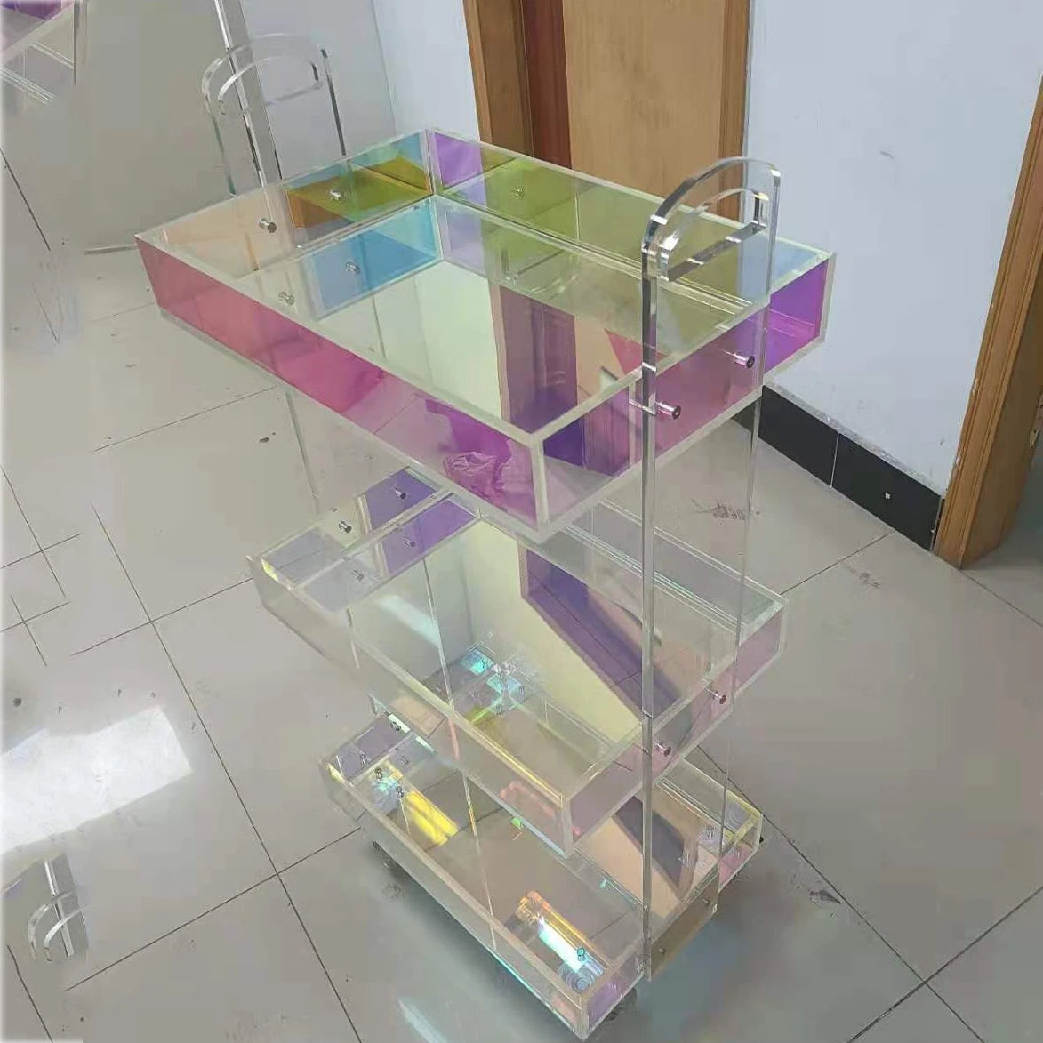 Hotel furniture luggage housekeeping cleaning room service rainbow acrylic trolley Bar Cart Acrylic Hotel Trolley