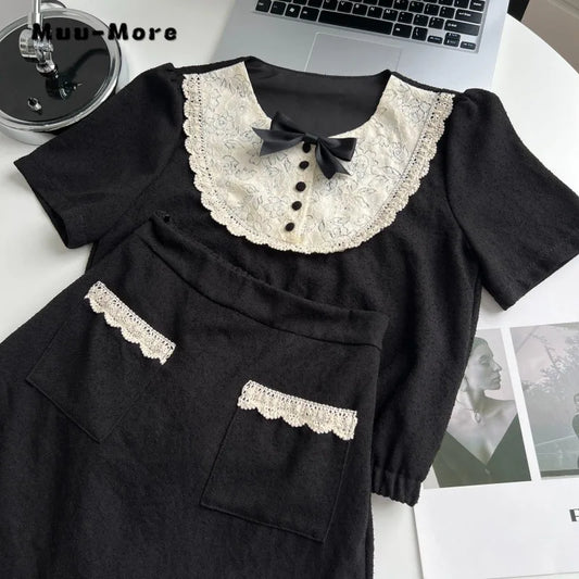 2 Piece Set Wome O-neck Lace Patchwork Shirt +A-line Skirt