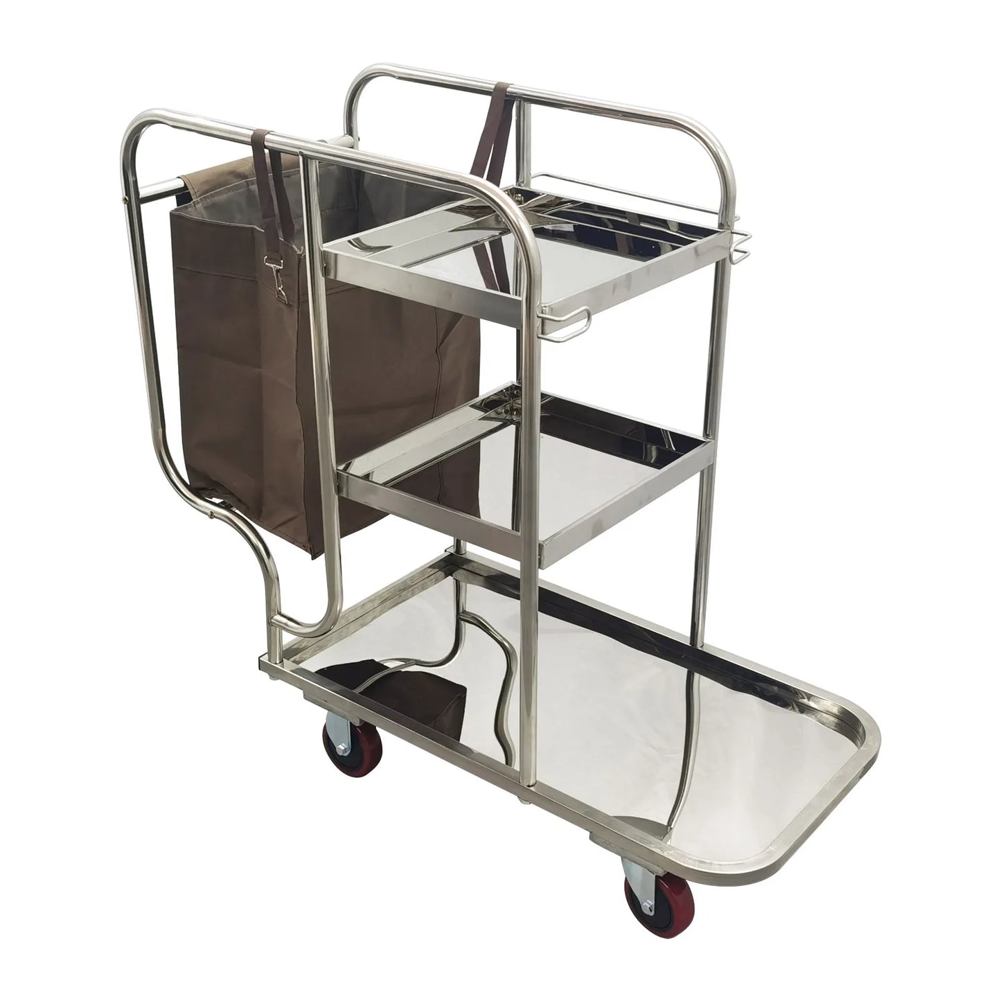 Stainless Steel Janitor Cart with Bag 3 Shelf Housekeeping Cart Cleaning Supply Trolley