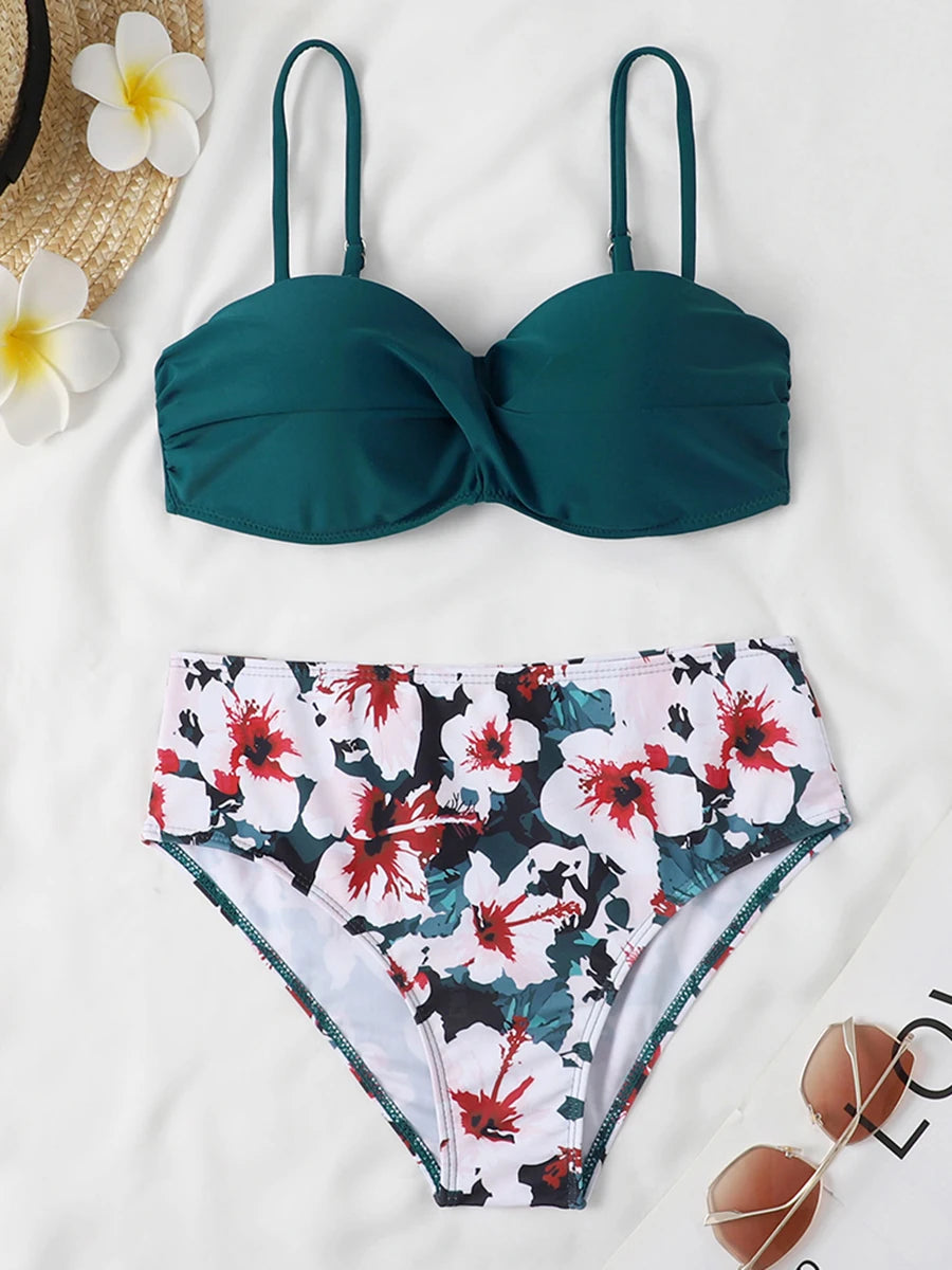 Women High Waist Bikini Printed Swimwear Female Padded  Beachwear