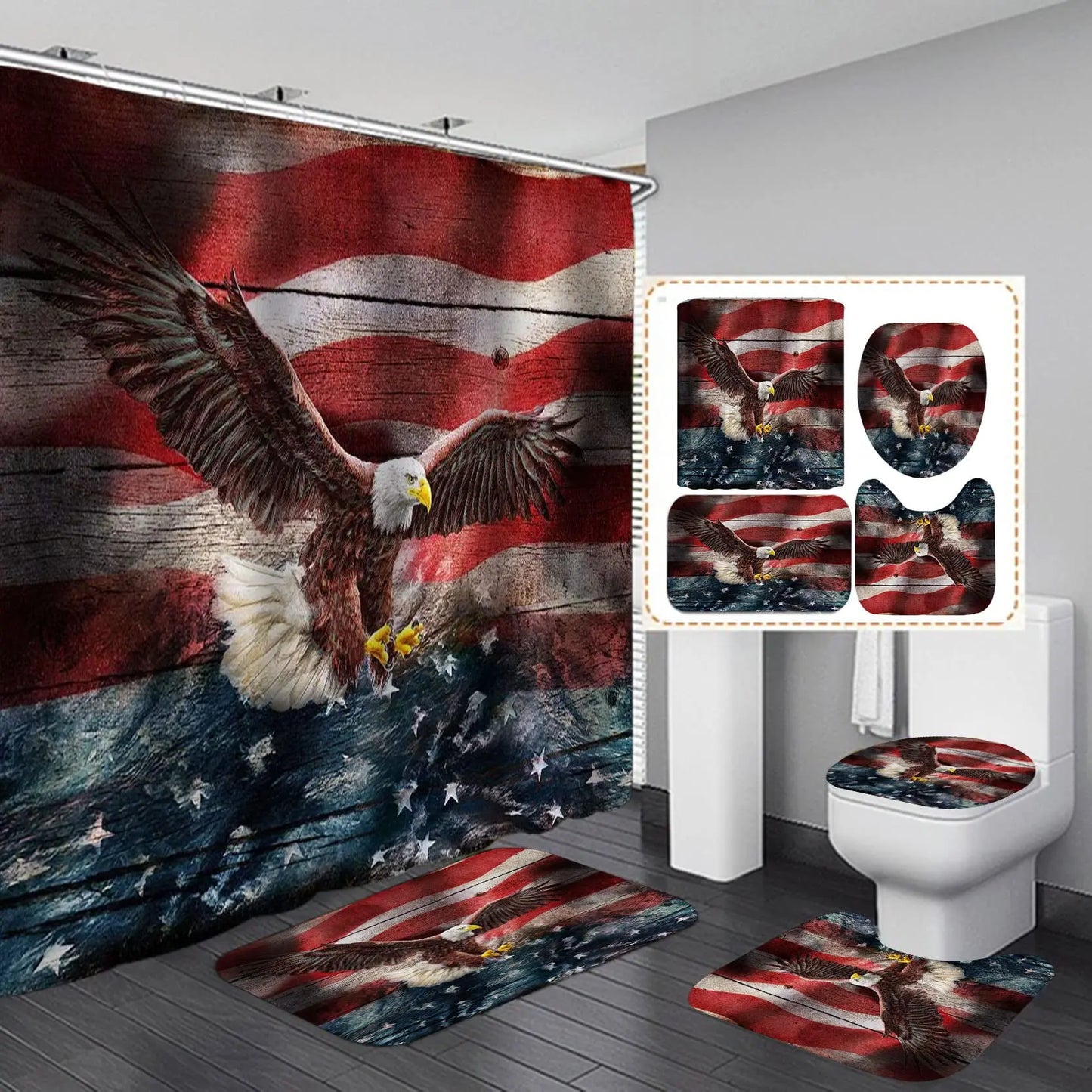 USA Flag American Bald Eagle Shower Curtain Set Non-Slip Rug Toilet Lid Cover Bath Mat Independence Day Patriotic Bathroom Sets