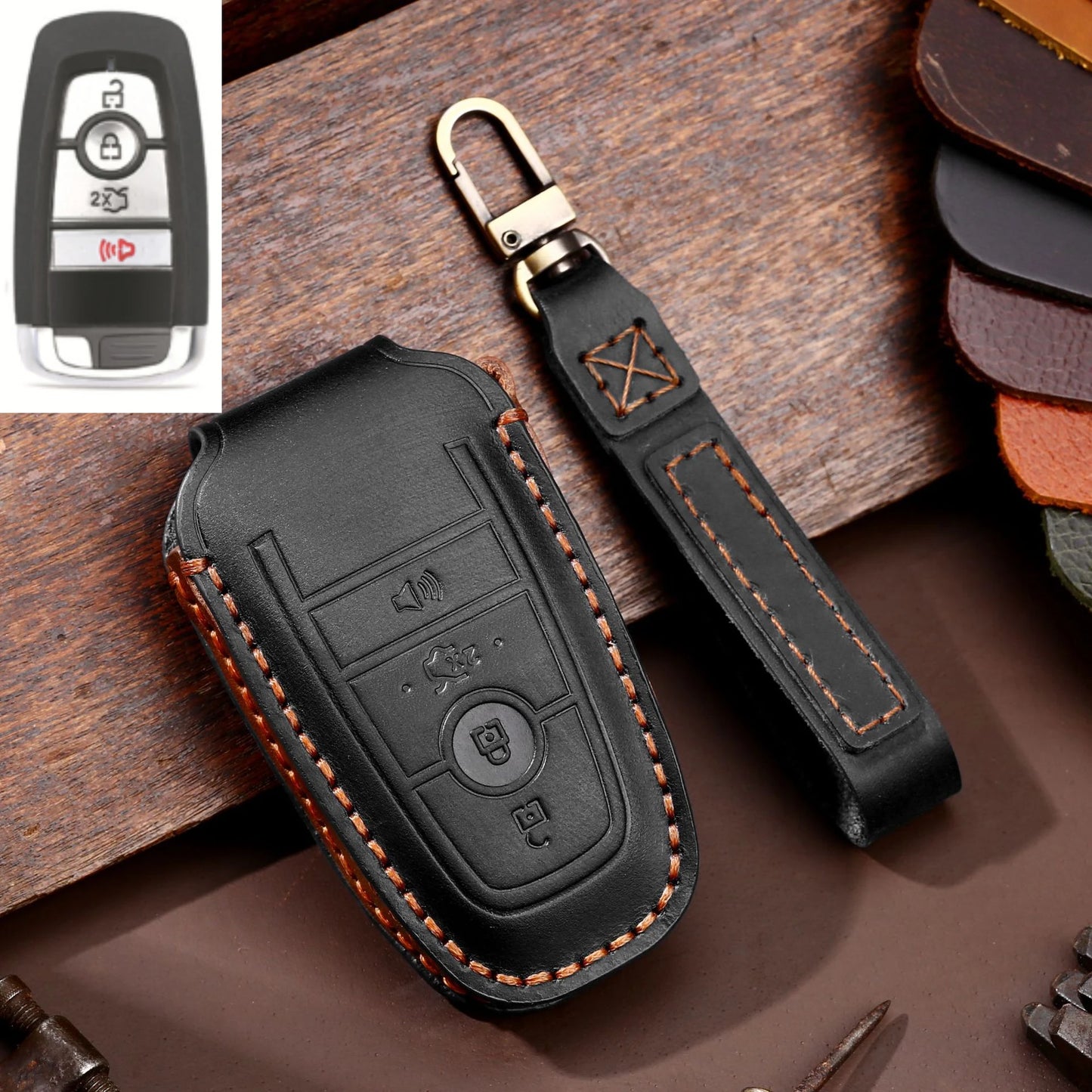 Leather Car Remote Key Case Cover For Ford Fusion Edge Mustang Explorer F150 F250 F350 Ecosport Protector Holder Shell Fob