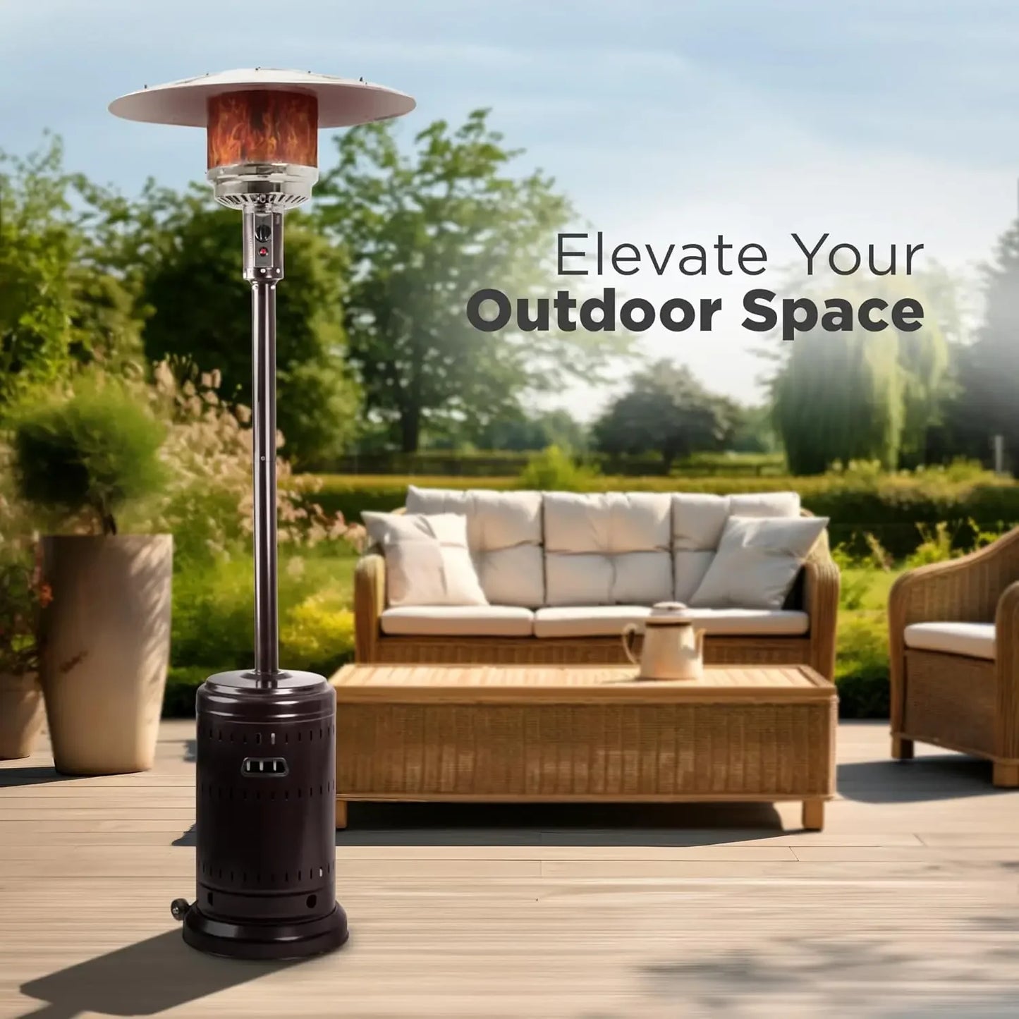 46,000 BTU Outdoor Propane Patio Heater with Wheels, Commercial & Residential, Havana Bronze, 32.1 x 32.1 x 91.3 inches (LxWxH)