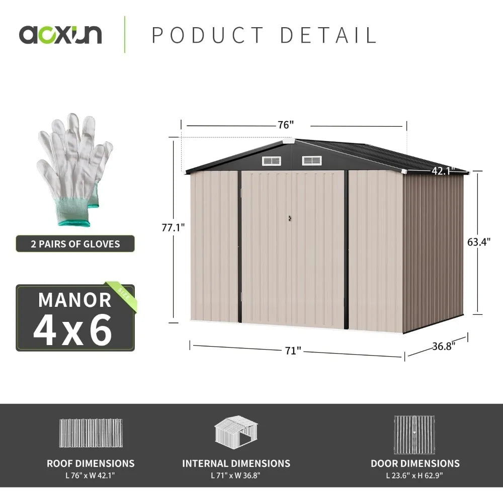 Storage Shed Outdoor Outdoor Metal Shed for Tool Prefab Container House 6.4x4 FT Garden Buildings Bike Garbage Can Brown Sheds