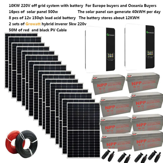 Solar System Complete For Home Kit With Battery 10000W 220V AC Off Grid Solar System Growatt UPS Hybrid Inverter MPPT Farm Pool