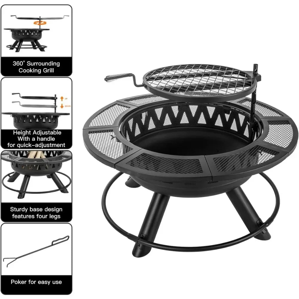 36 Inch Fire Pit with Grill & Lid,Outdoor Metal Wood Burning Fire Pit for Patio,3 in 1 Large Firepit for Backyard Garden Bonfire