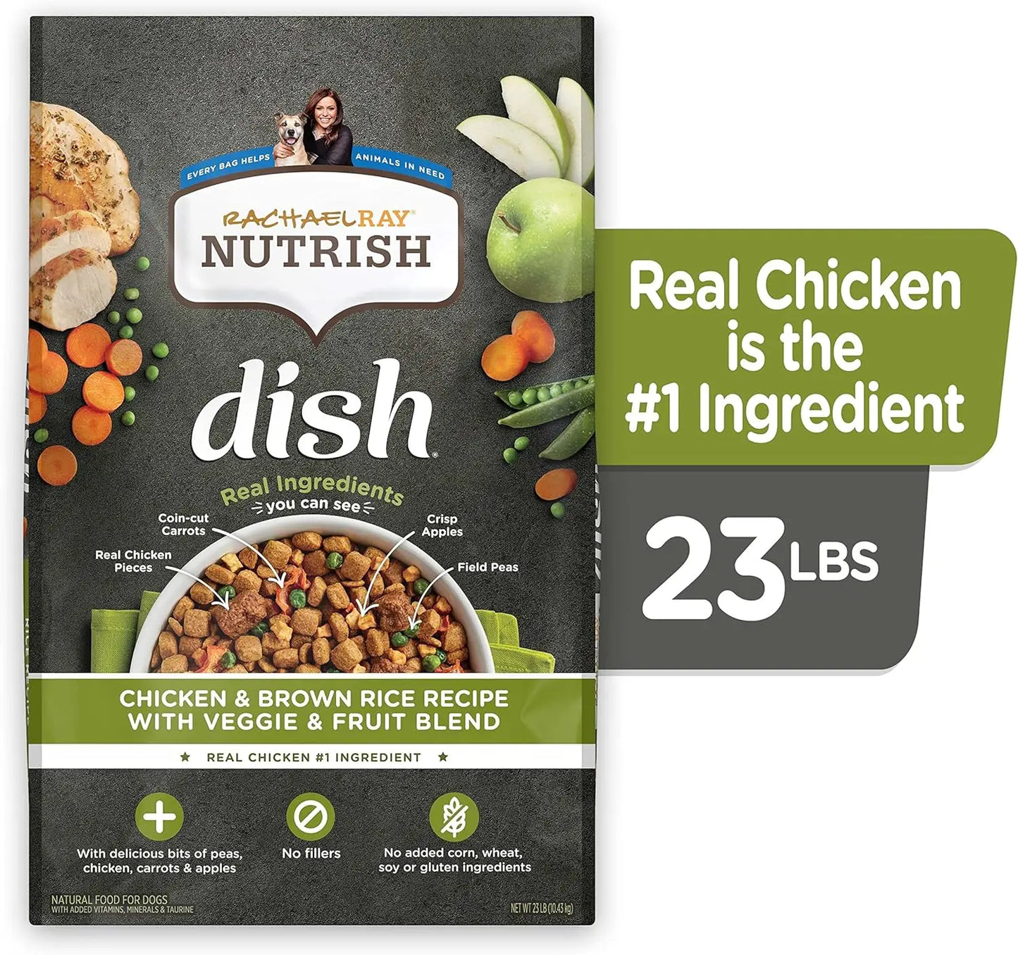 Rachael Ray Nutrish Dish Premium Dry Dog Food, Chicken & Brown Rice Recipe with Veggies & Fruit, 23 Pound Bag