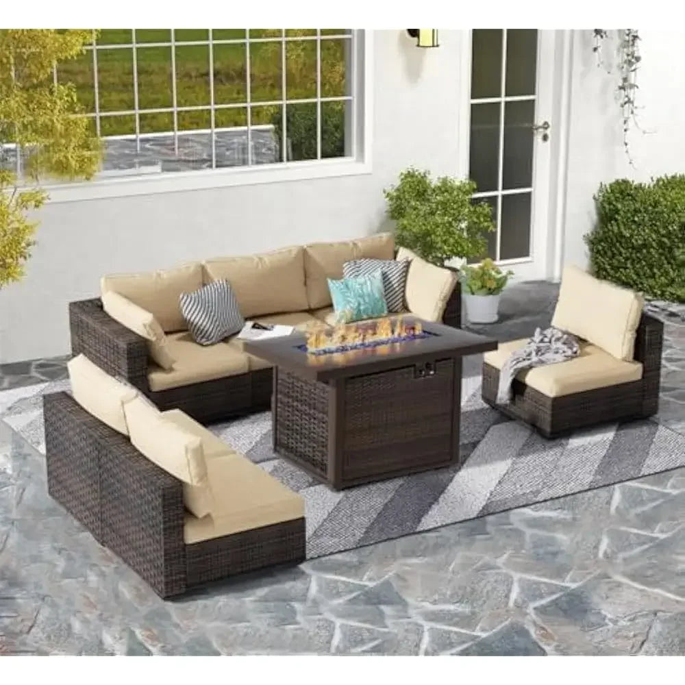 Garden Furniture 7 Pie Set with Fire Pit Table, Rattan Outdoor Patio Sectional Conversation Furniture Sets W/Seat Cushions