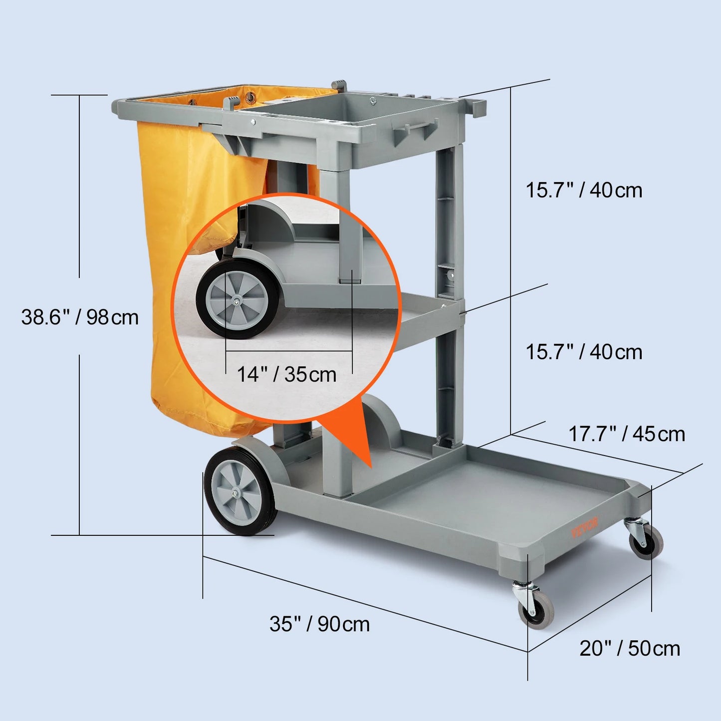 Black/Grey Cleaning Cart 3-Shelf Commercial Janitorial Cart 200 lbs Capacity Plastic Housekeeping Cart with 25 Gallon Bag