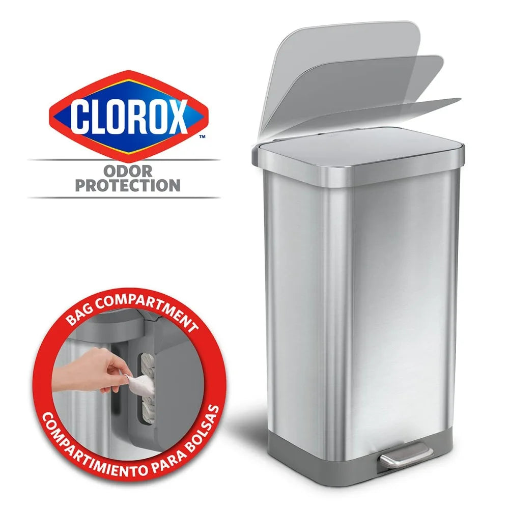 Stainless Steel Step Trash Can with Clorox Odor Protection | Large Metal Kitchen Garbage Bin with Soft Close Lid, Foot Pedal