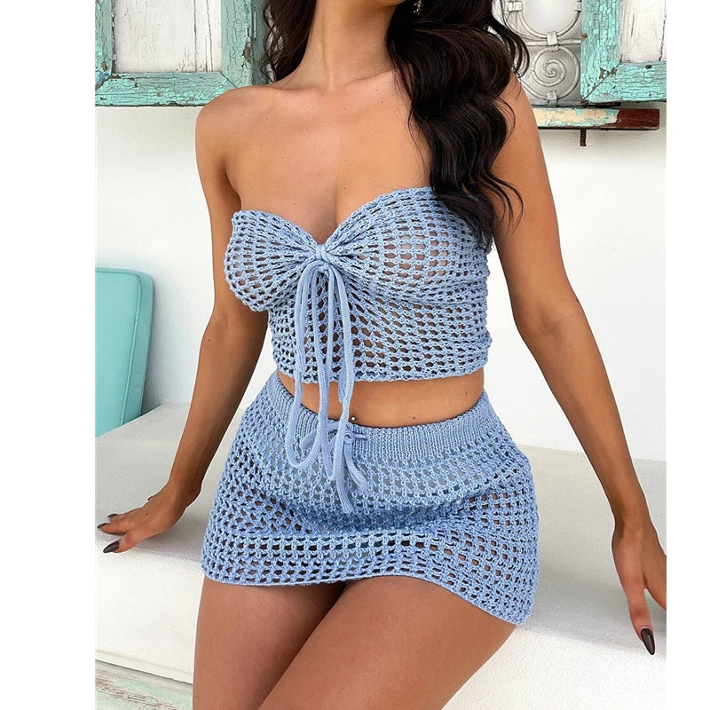 Mesh Knitted Cover Ups Sets Sleeveless Off Shoulder Hollow Out Crop Top+Bodycon Mini Skirts Sets Beach Swimming Summer Outfits