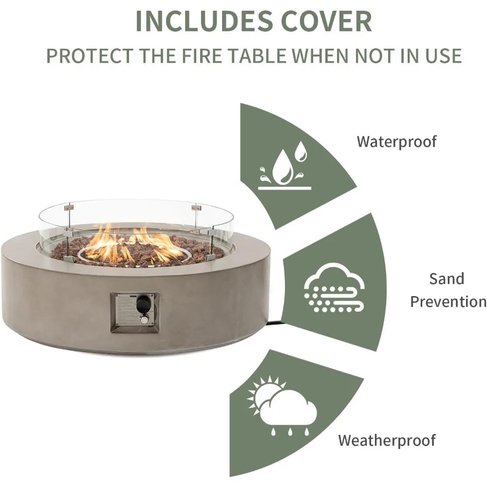 Outdoor Propane Fire Pit Coffee Table,  40.5-inch Round Base Patio Heater, Stainless Steel Burner, Wind Guard, Waterproof Cover